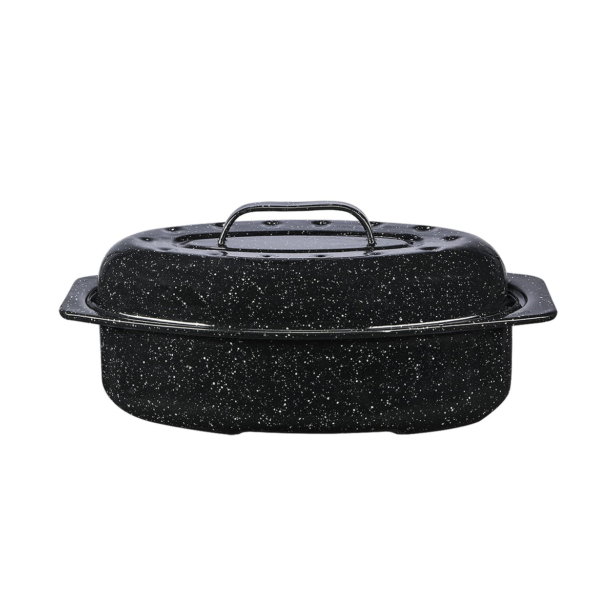 Granite Ware 13-inch oval roaster showing ample 7 lb capacity for poultry and roasts