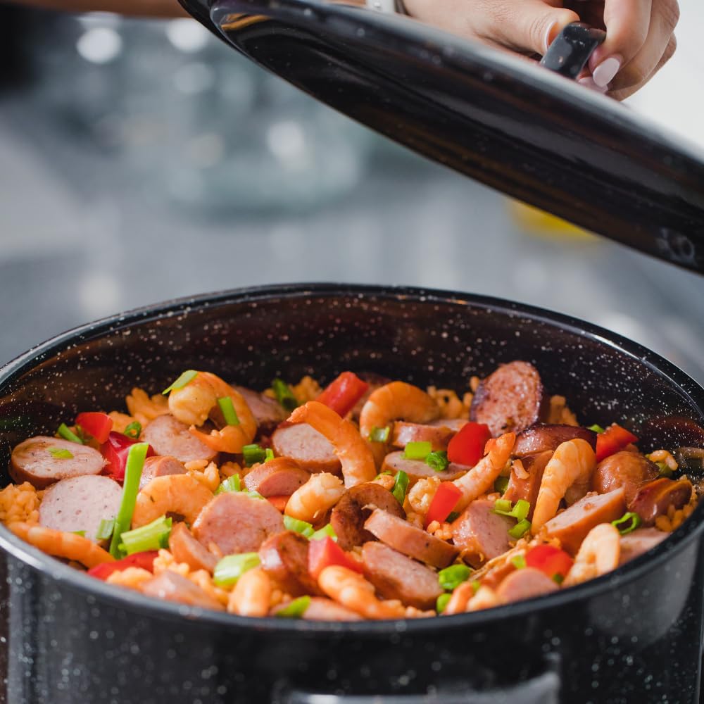 Granite Ware stock pot with durable side handles for lifting.