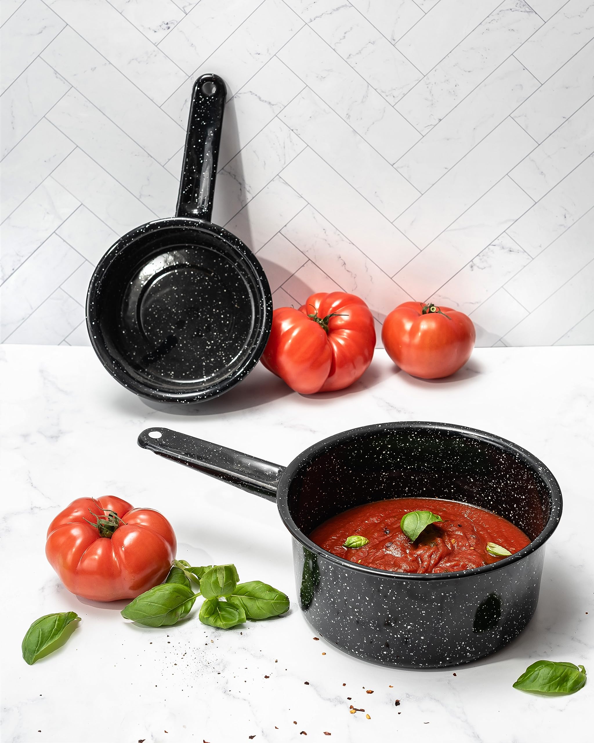 Granite Ware 2qt non-stick saucepan simmer for even heating in soups.