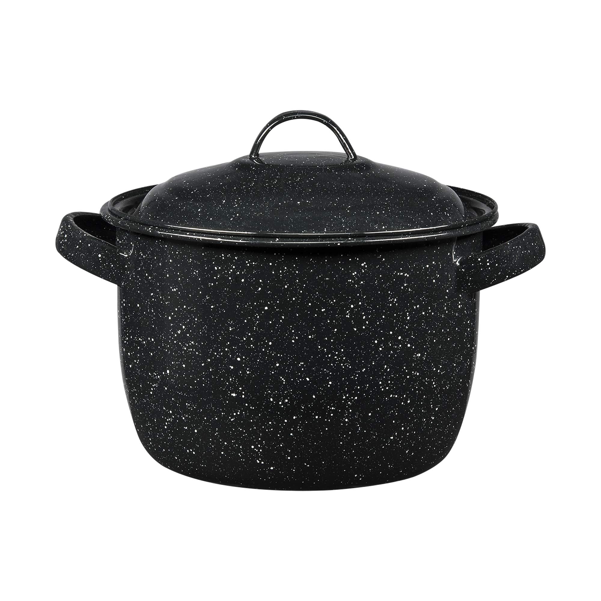 Granite Ware 4-Quart Bean Pot top view shows speckled black enamel and even heat
