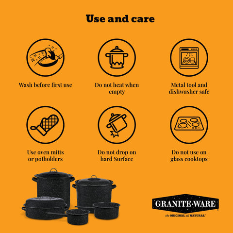 Granite Ware stockpot is dishwasher safe for quick cleanup.