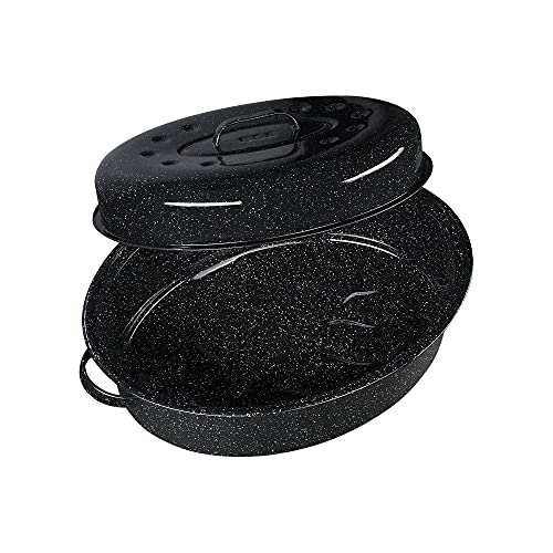 Granite Ware speckled black enamel roaster withstands high oven temperatures.