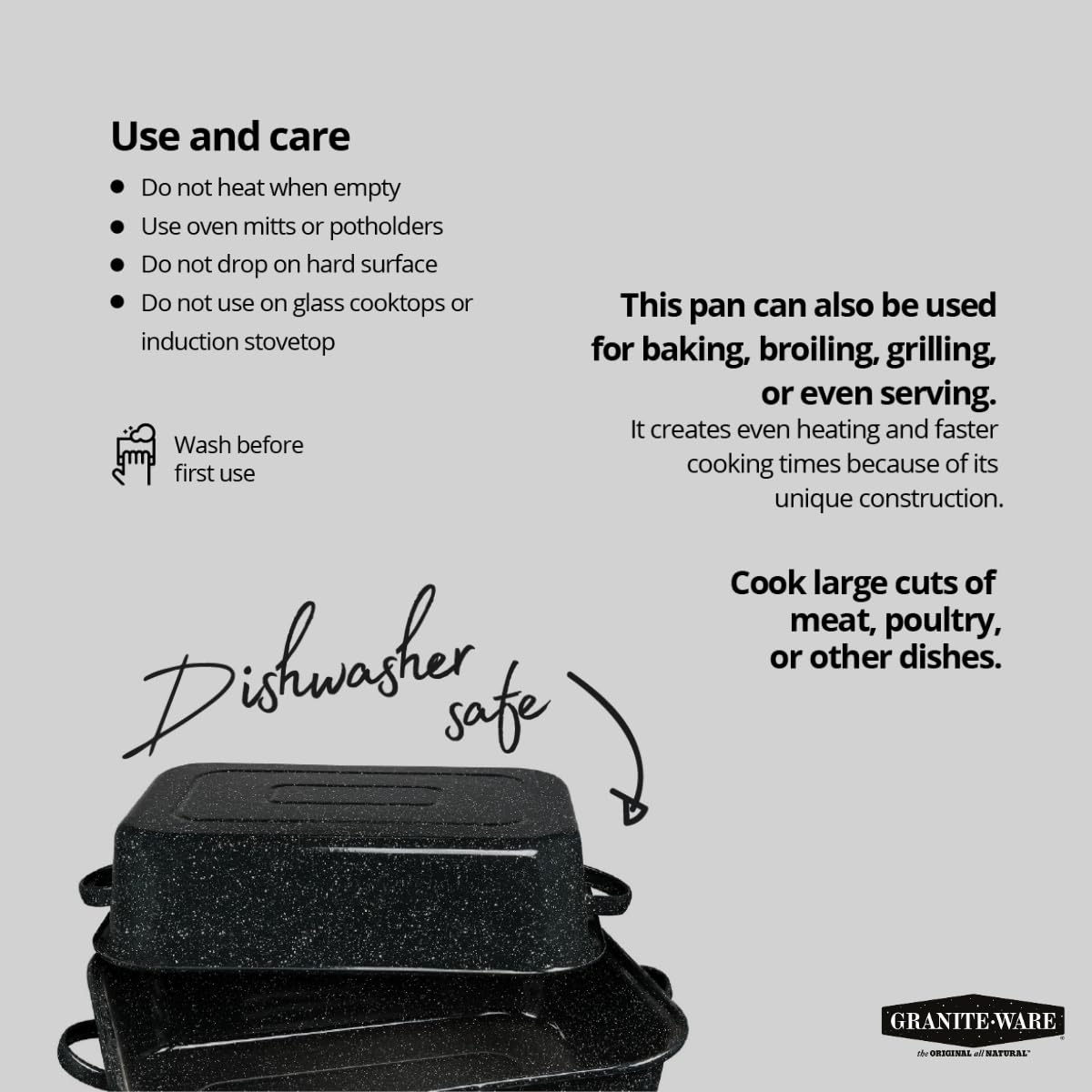 Granite Ware roaster demonstrates even heat browning across meat