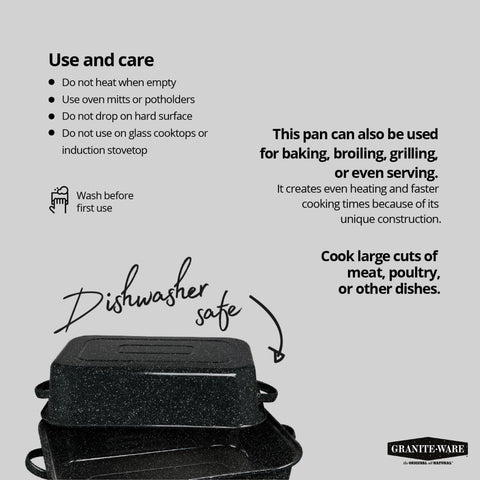 Granite Ware roaster demonstrates even heat browning across meat