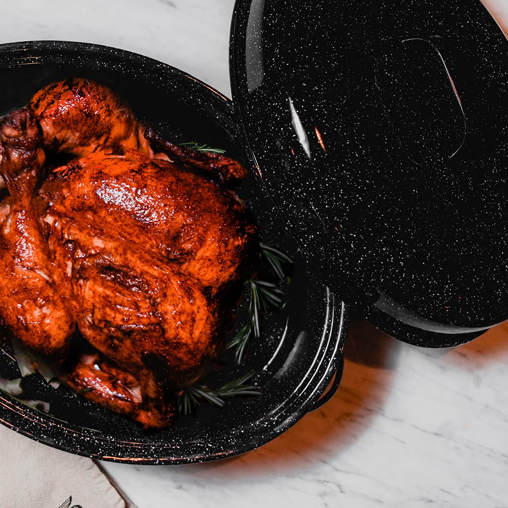 Granite Ware roaster demonstrates even heat distribution for dependable roasts.