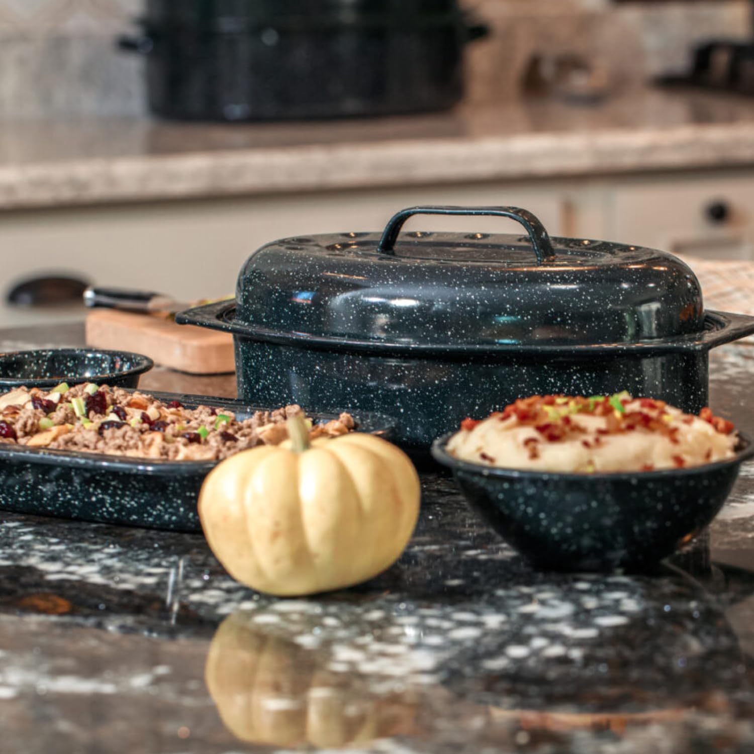 Granite Ware oval roaster close-up highlighting rich browning on roasted meat