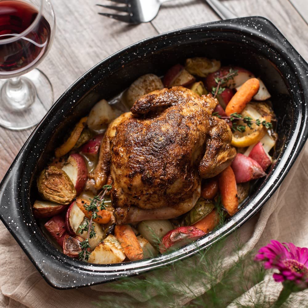 Granite Ware oval roaster is dishwasher safe for quick cleanup after meals
