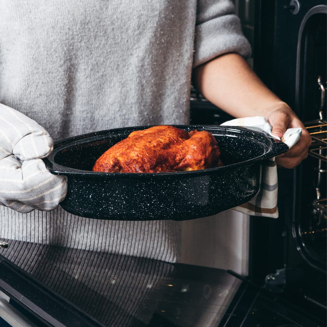 Granite Ware oval roaster in oven delivering uniform browning and juicy results