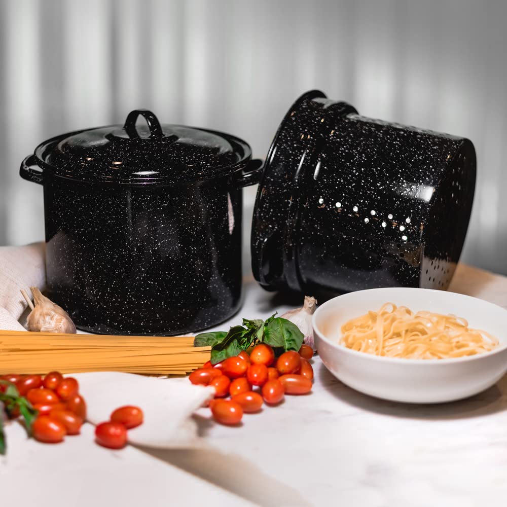 Granite Ware pasta pot lid ensures containment and steady simmering.