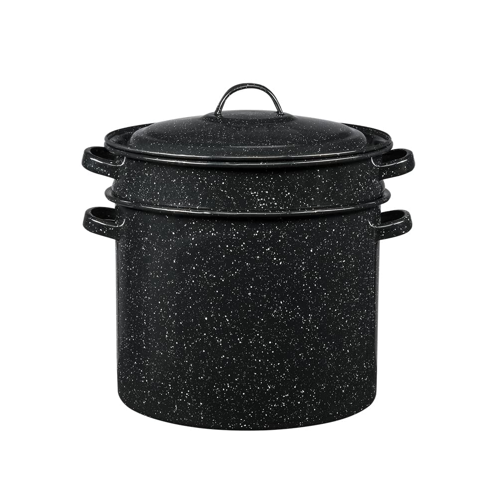 Granite Ware pasta pot with strainer insert supports drains and steam-cooks efficiently.