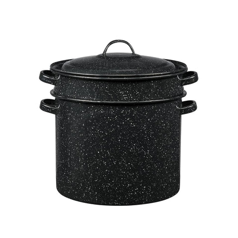 Granite Ware pasta pot with strainer insert supports drains and steam-cooks efficiently.