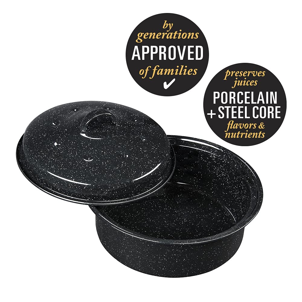 Granite Ware roaster lid used as second roaster for multitasking in kitchen