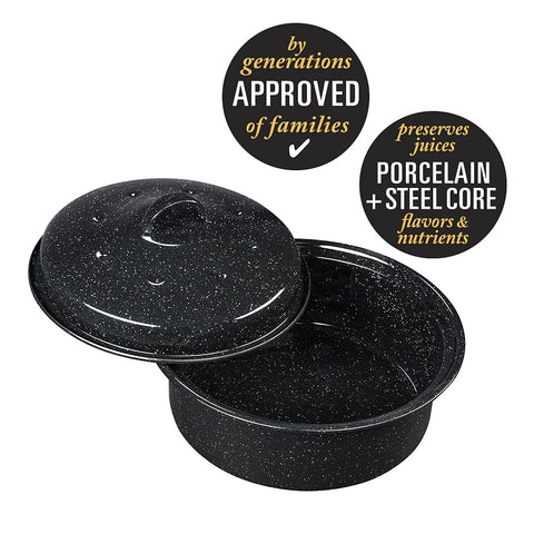 Granite Ware roaster lid used as second roaster for multitasking in kitchen
