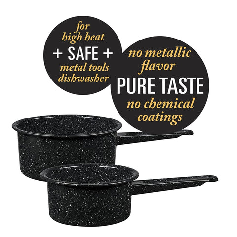 Granite Ware porcelain surface non-porous for easy food release after cooking.