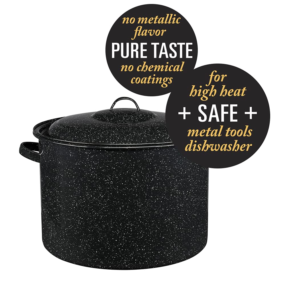Granite Ware stockpot with speckled black finish shows durability and style.