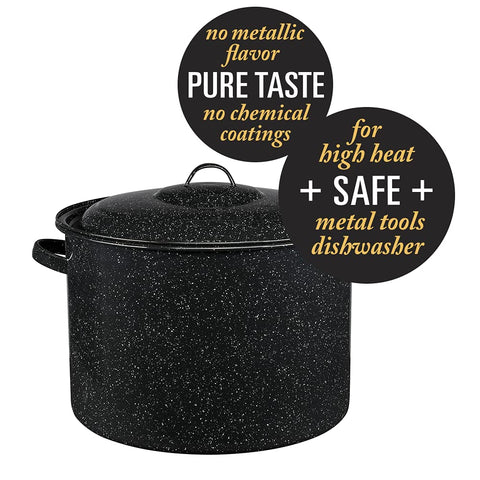 Granite Ware stockpot with speckled black finish shows durability and style.