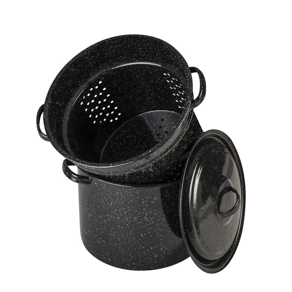 Granite Ware speckled black stock pot with lid for versatile cooking and easy boiling.