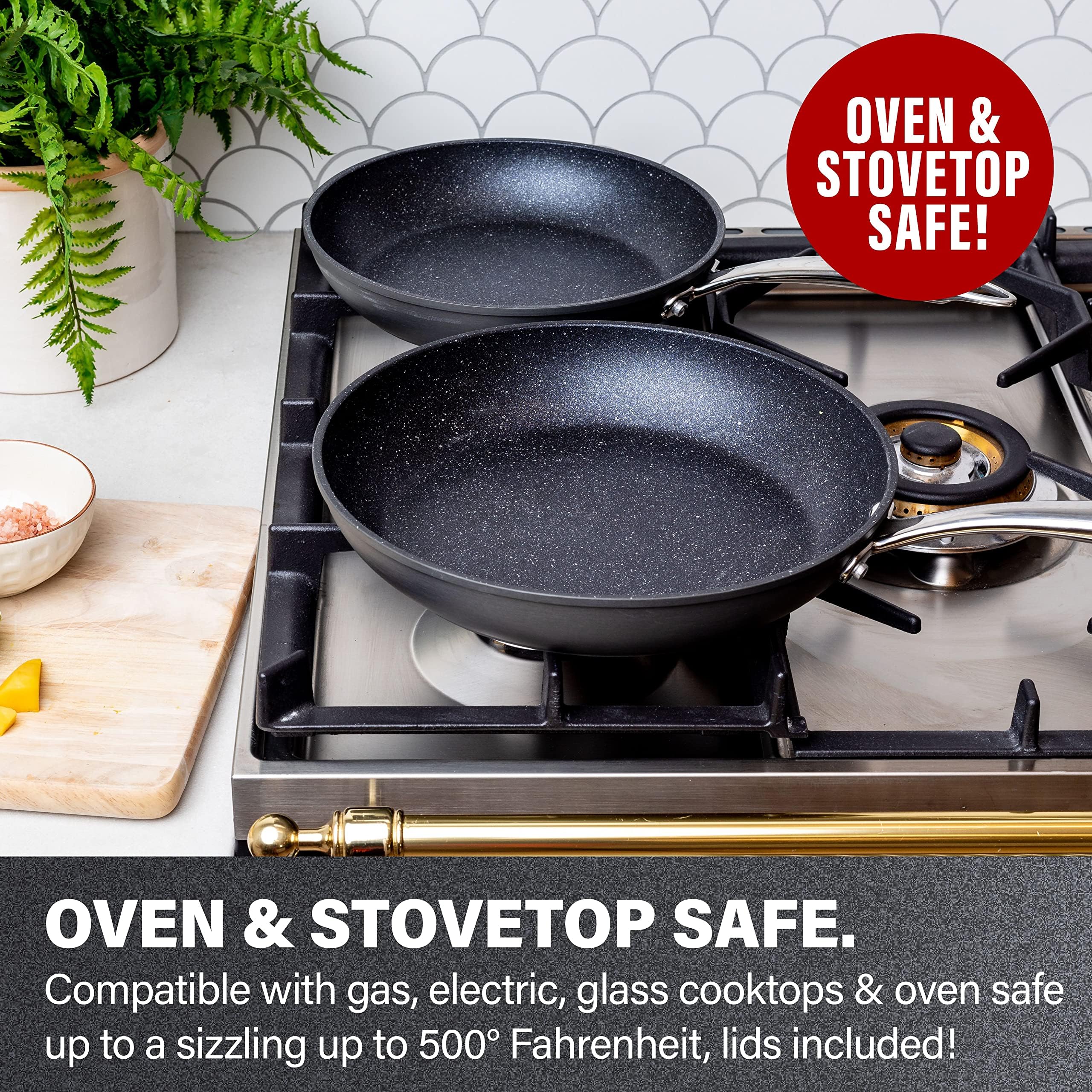 Granitestone dishwasher-safe pan demonstrated for easy cleanup after meal prep.