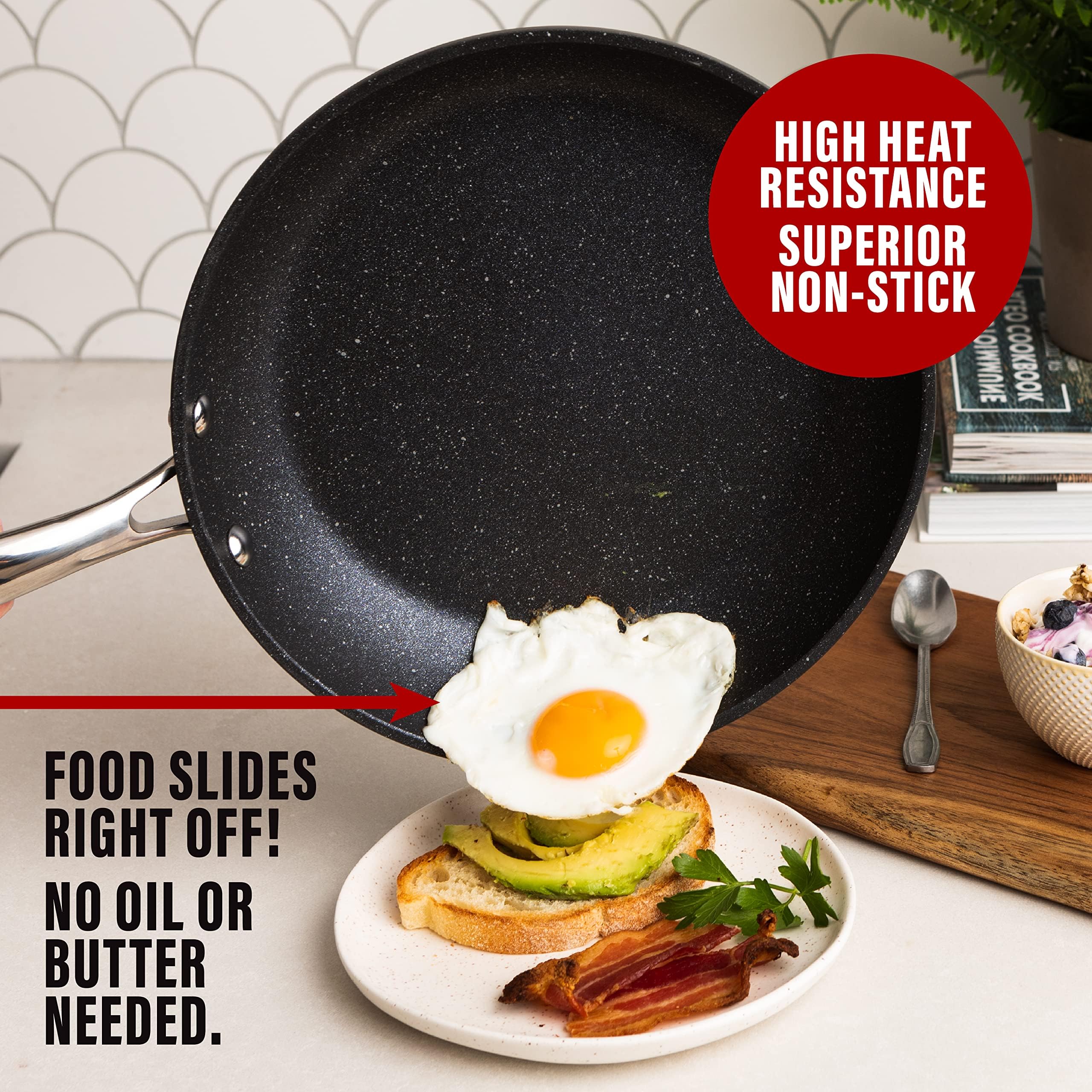 Granitestone pan surface with titanium-diamond coating resists scratches during metal utensil use.