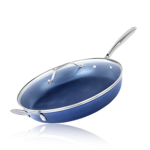 Granitestone 14-inch frying pan with blue lid for family meals and easy release.