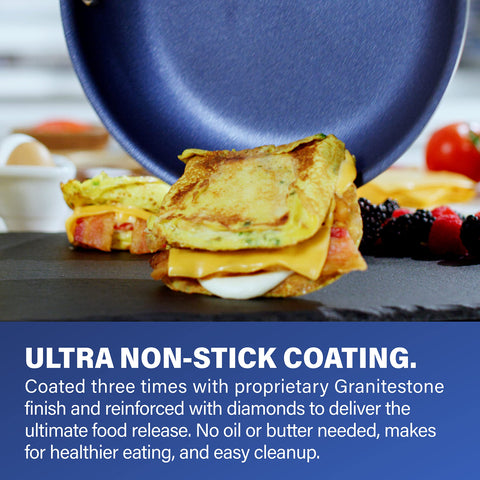 Granitestone blue nonstick surface infused with diamonds ensures smooth food release.