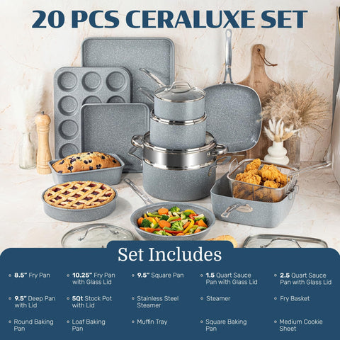 Granitestone Ceraluxe 20pc set skillet with lid showing even heat distribution