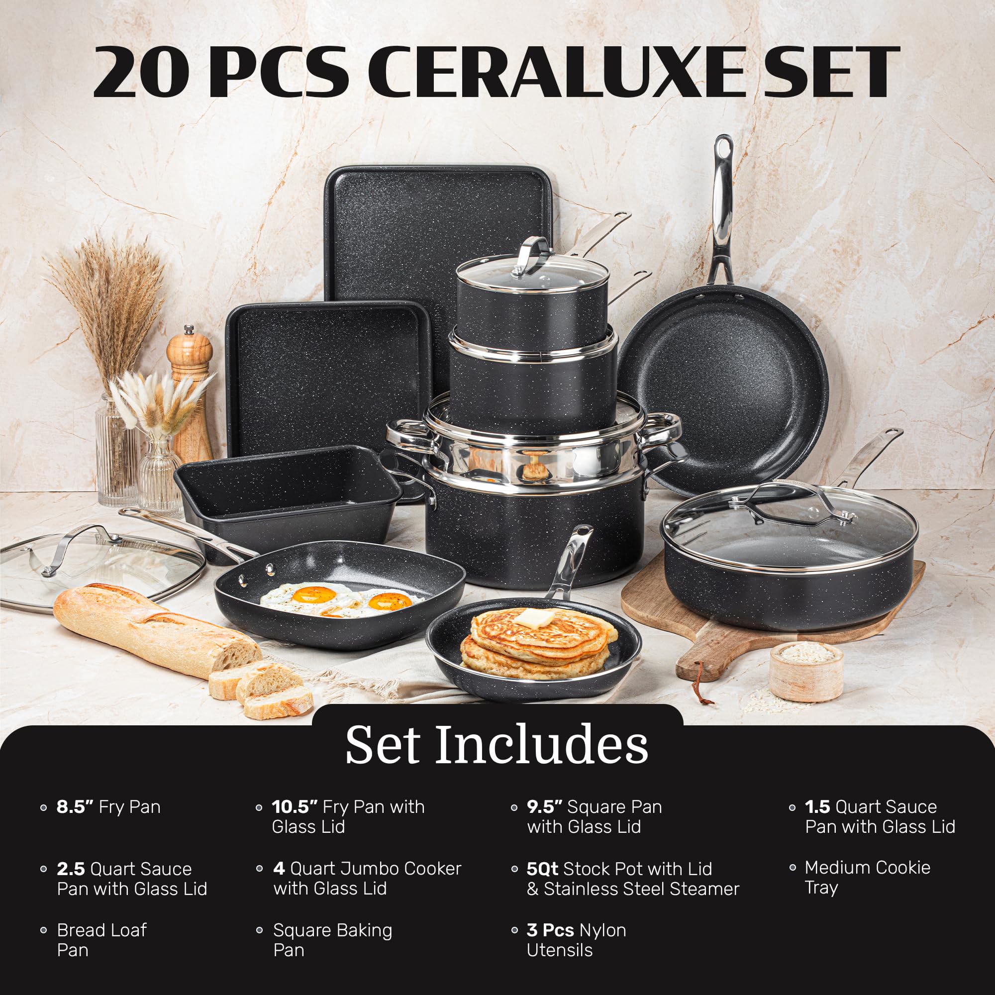 Granitestone complete 20pc cookware set ready for versatile kitchen tasks.