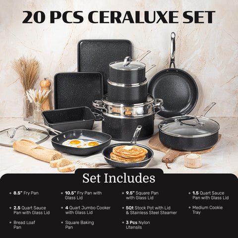 Granitestone complete 20pc cookware set ready for versatile kitchen tasks.