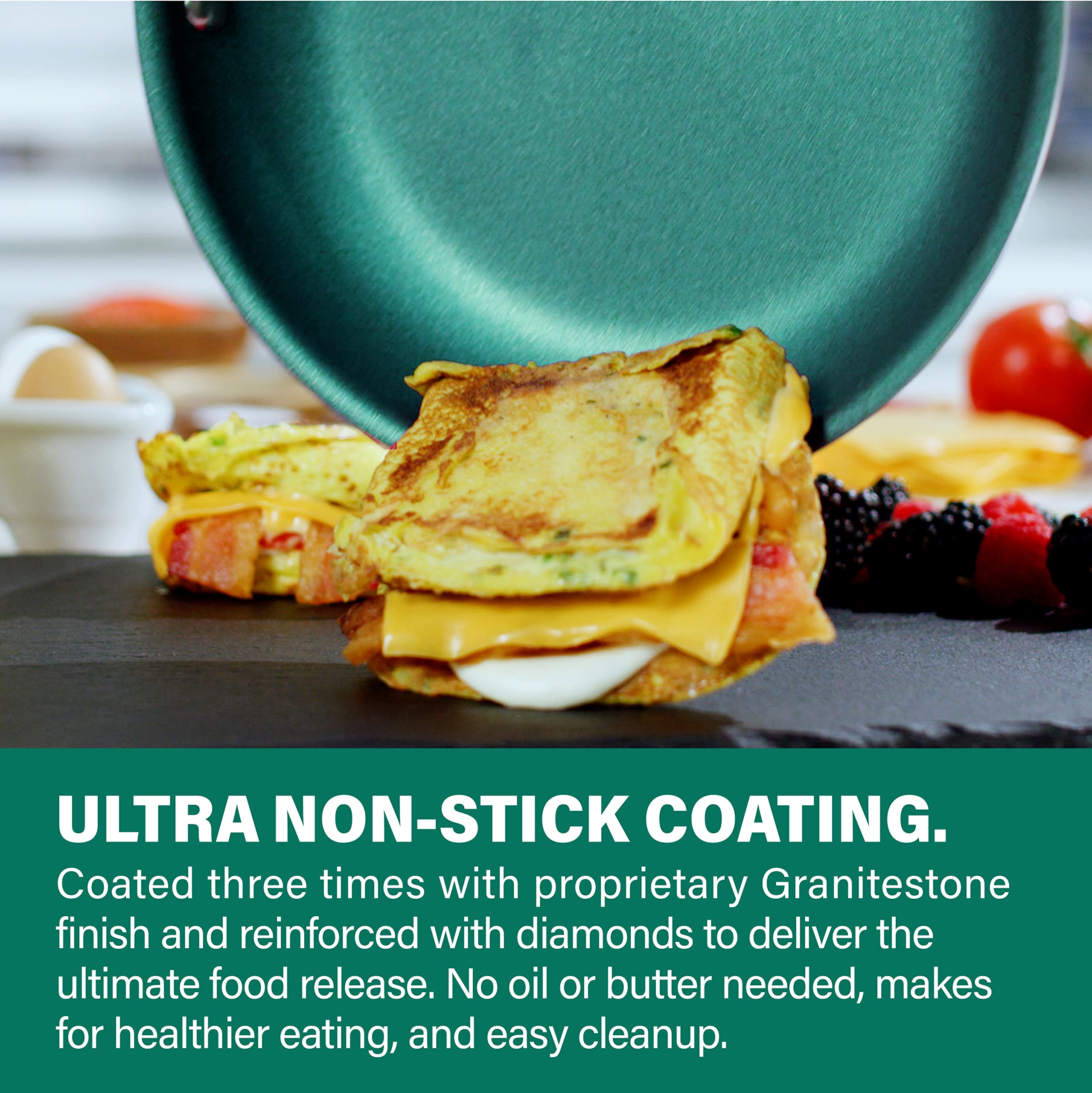 Granitestone Emerald 10-inch pan with stay-cool stainless steel handle for comfortable grip.