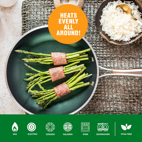 Granitestone Green Frying Pan’s diamond-infused surface reduces sticking for healthier meals.
