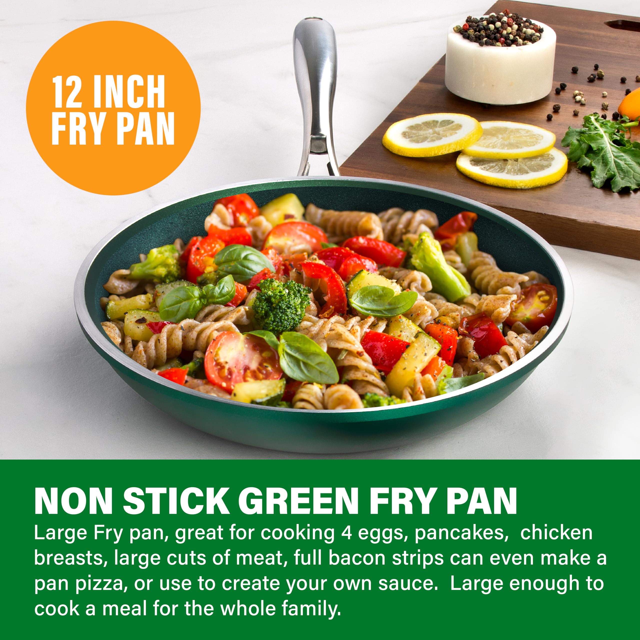 Granitestone Green Frying Pan cleans in the dishwasher for quick cleanup.