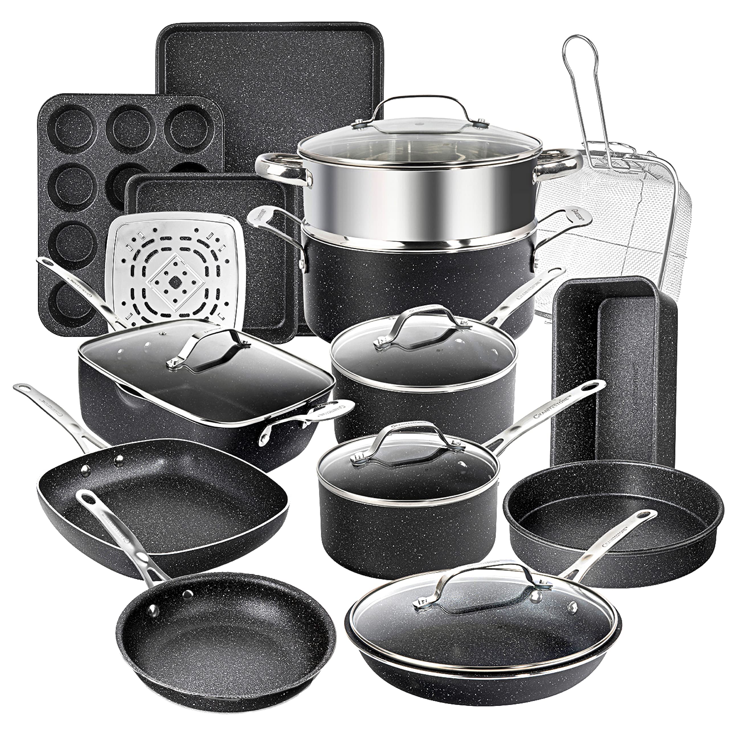 Granitestone True 20 Pc set displayed as a complete kitchen kit for everyday cooking