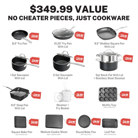 Granitestone True 20 Pc cookware shows diamond reinforced nonstick for easy release