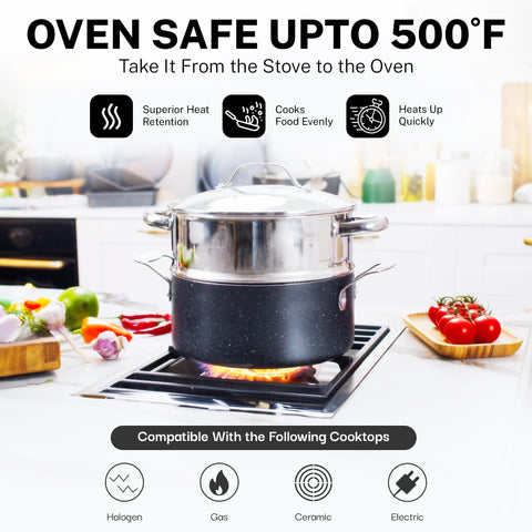 Granitestone True 20 Pc on the stove delivering even heat across pans
