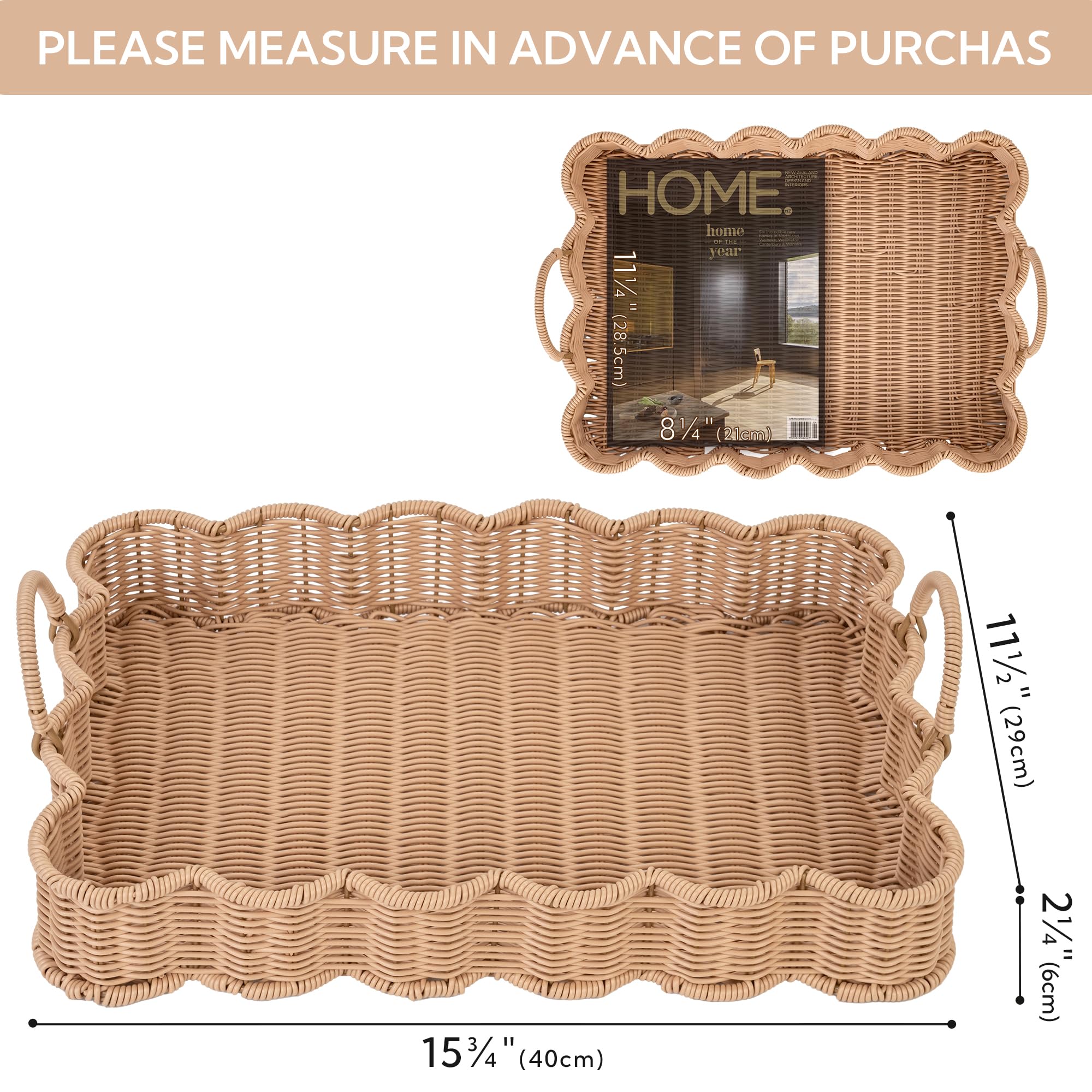 GRANNY SAYS scalloped-edge rectangle wicker serving tray double-handles side view for easy transport