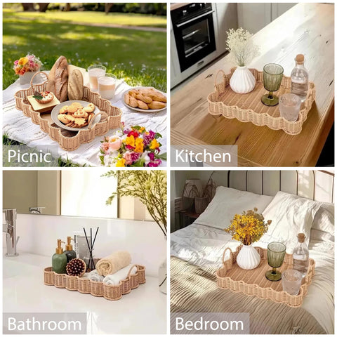 GRANNY SAYS scalloped-edge rectangle wicker serving tray durable plastic wicker construction