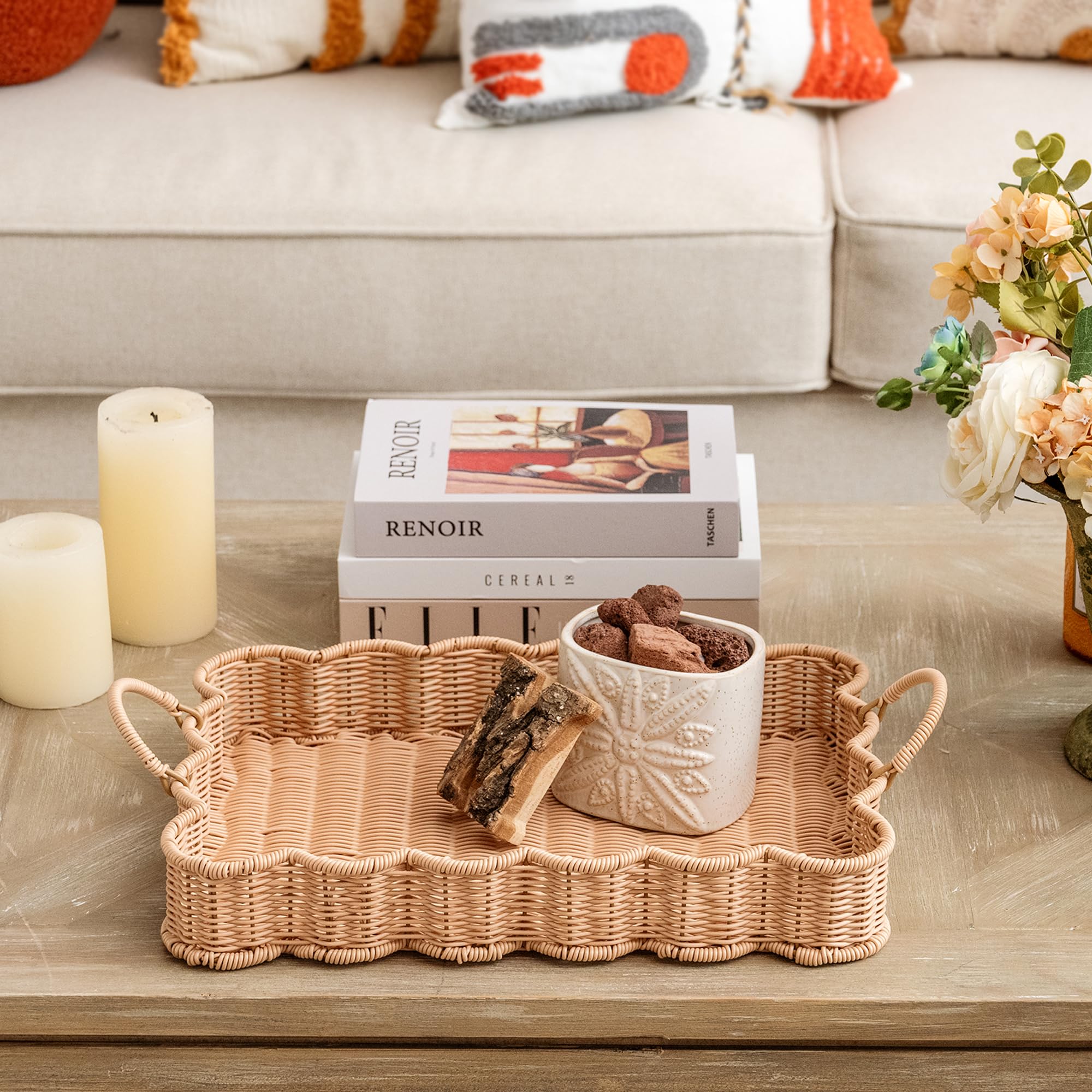 GRANNY SAYS scalloped-edge rectangle wicker serving tray easy clean with damp cloth