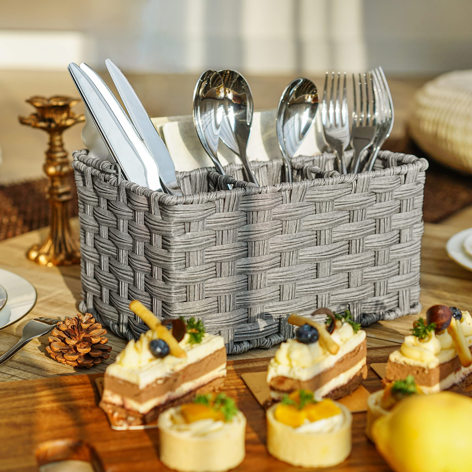 Granny Says wicker utensil caddy with four compartments for spoons and forks.