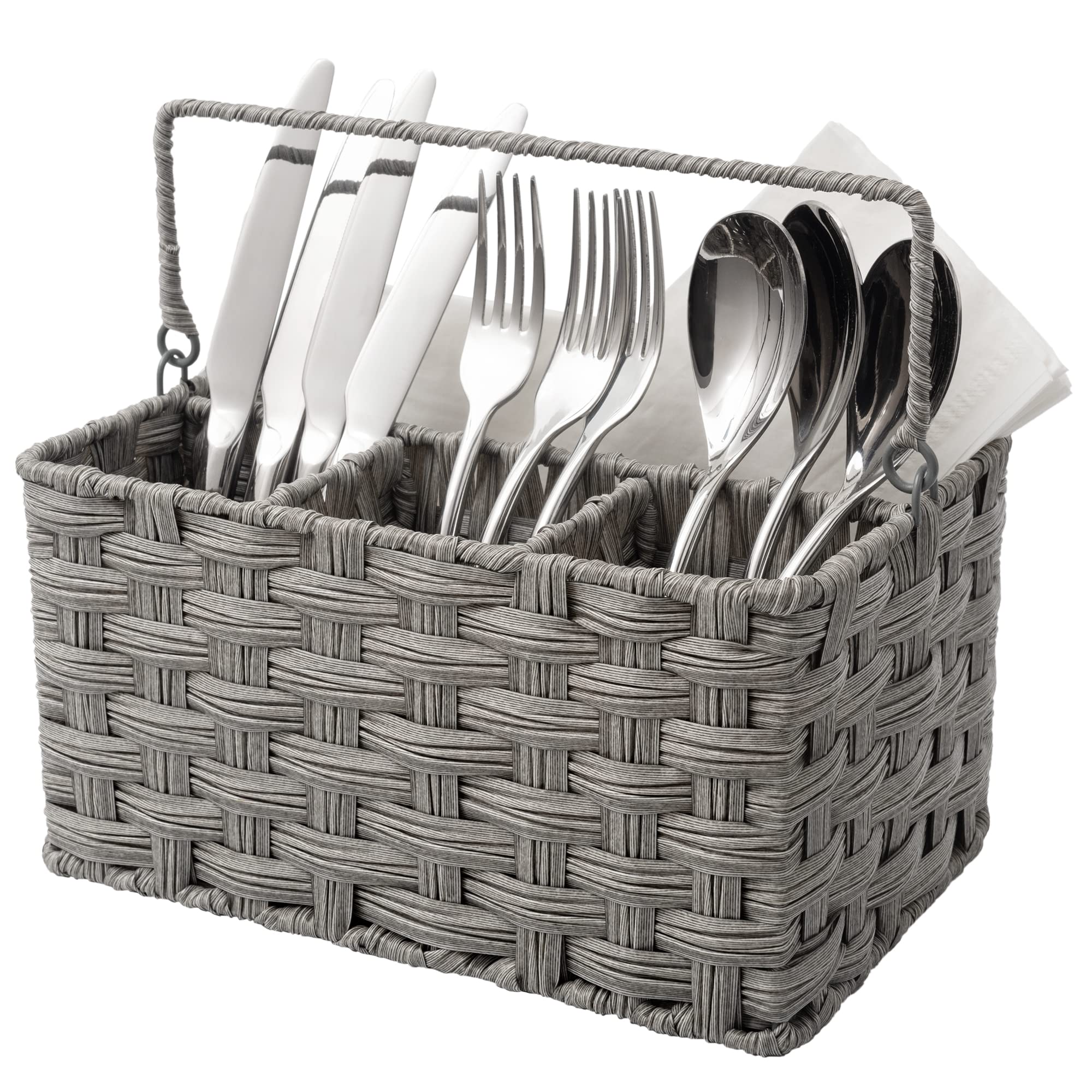 Granny Says wicker utensil caddy with handle keeps utensils organized during meals.
