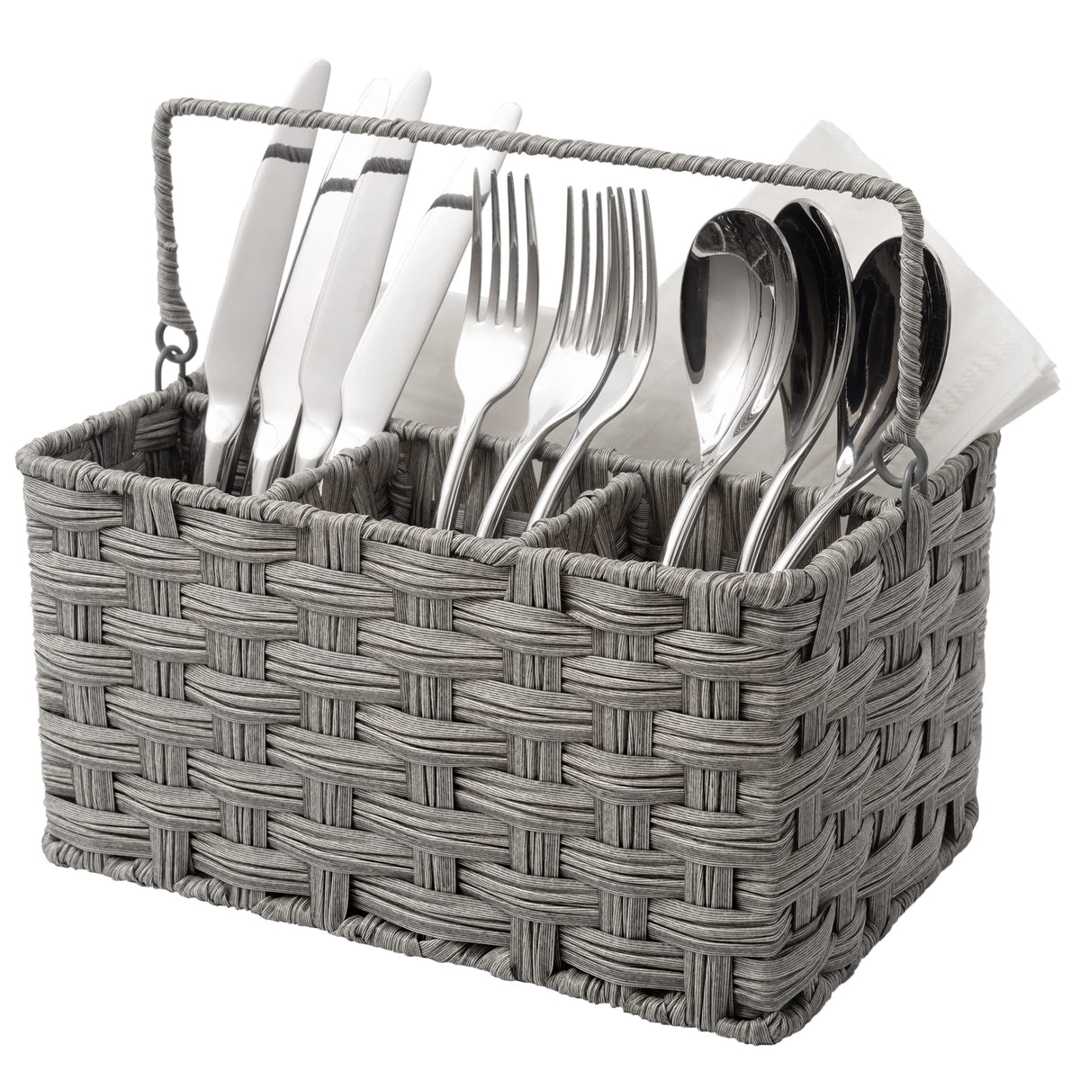 Granny Says wicker utensil caddy with handle keeps utensils organized during meals.