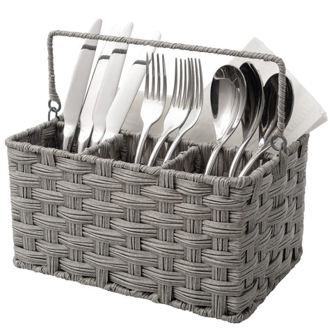 Granny Says wicker utensil caddy with handle keeps utensils organized during meals.