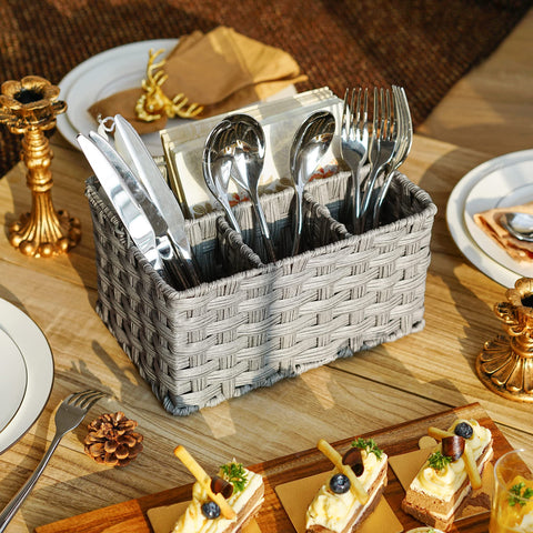 Granny Says wicker utensil caddy supports organized picnic outings.