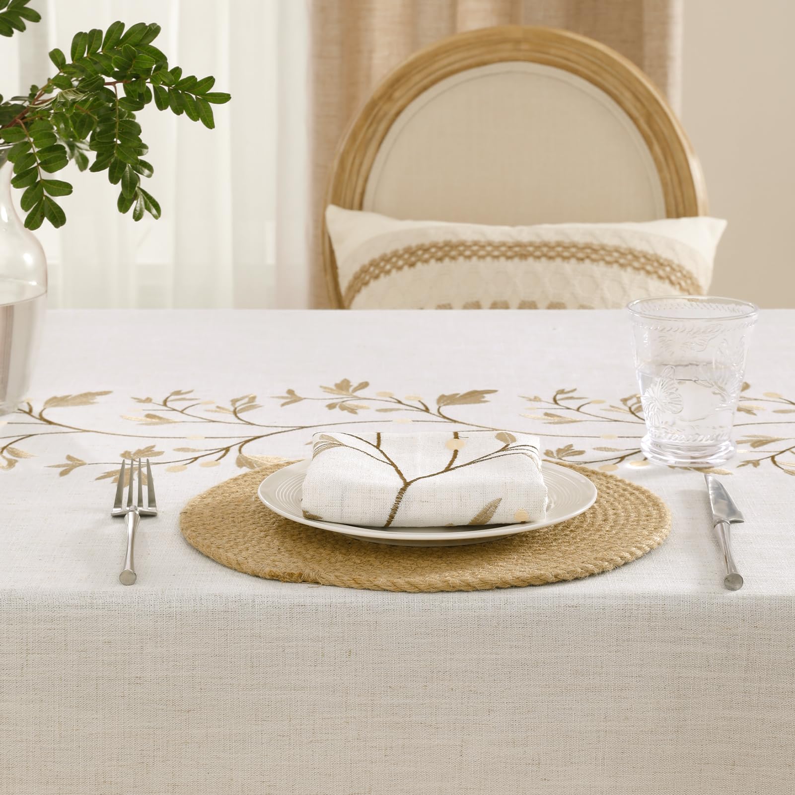GRASiMOSY tablecloth styled on a dining table in a cozy kitchen