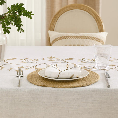 GRASiMOSY tablecloth styled on a dining table in a cozy kitchen