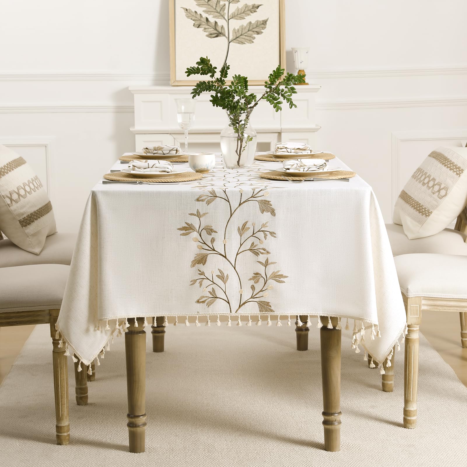 GRASiMOSY boho tablecloth with maple vine edges and tassel detail for elegant dining