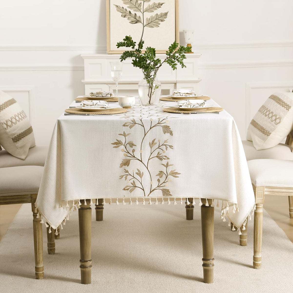 GRASiMOSY boho tablecloth with maple vine edges and tassel detail for elegant dining