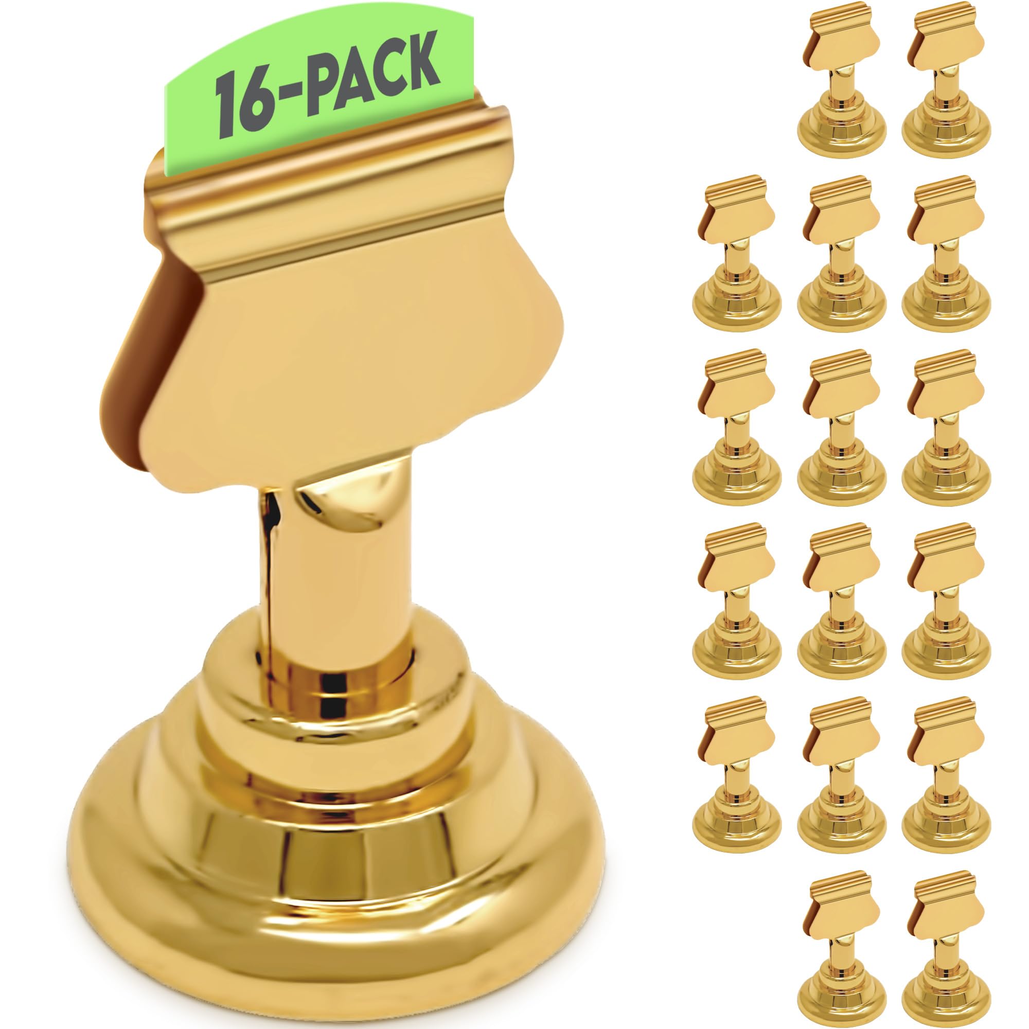 Gray Bunny gold table number holders, front view, add stable elegance to weddings.