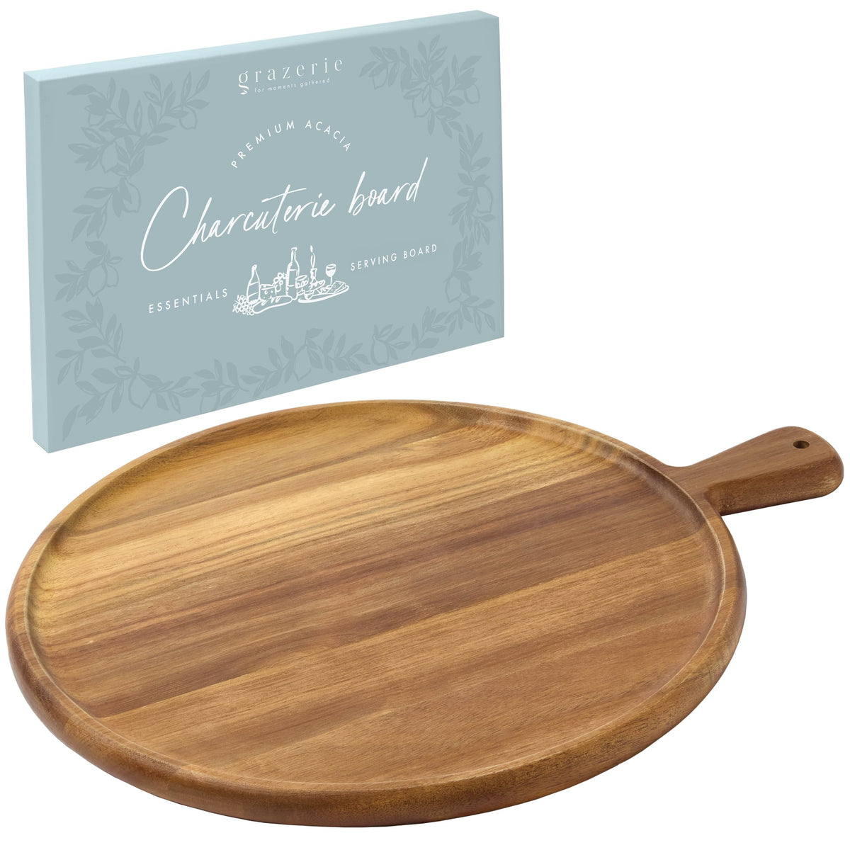 Grazerie round charcuterie board with handle for easy transport and entertaining.