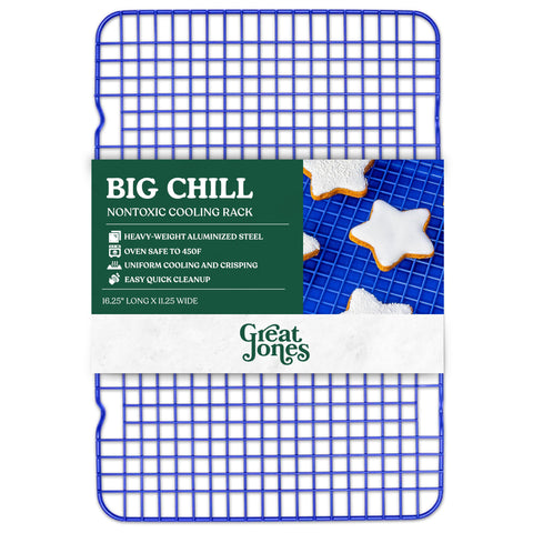 Great Jones Big Chill rack in blueberry cools cookies evenly for bakery-style texture.