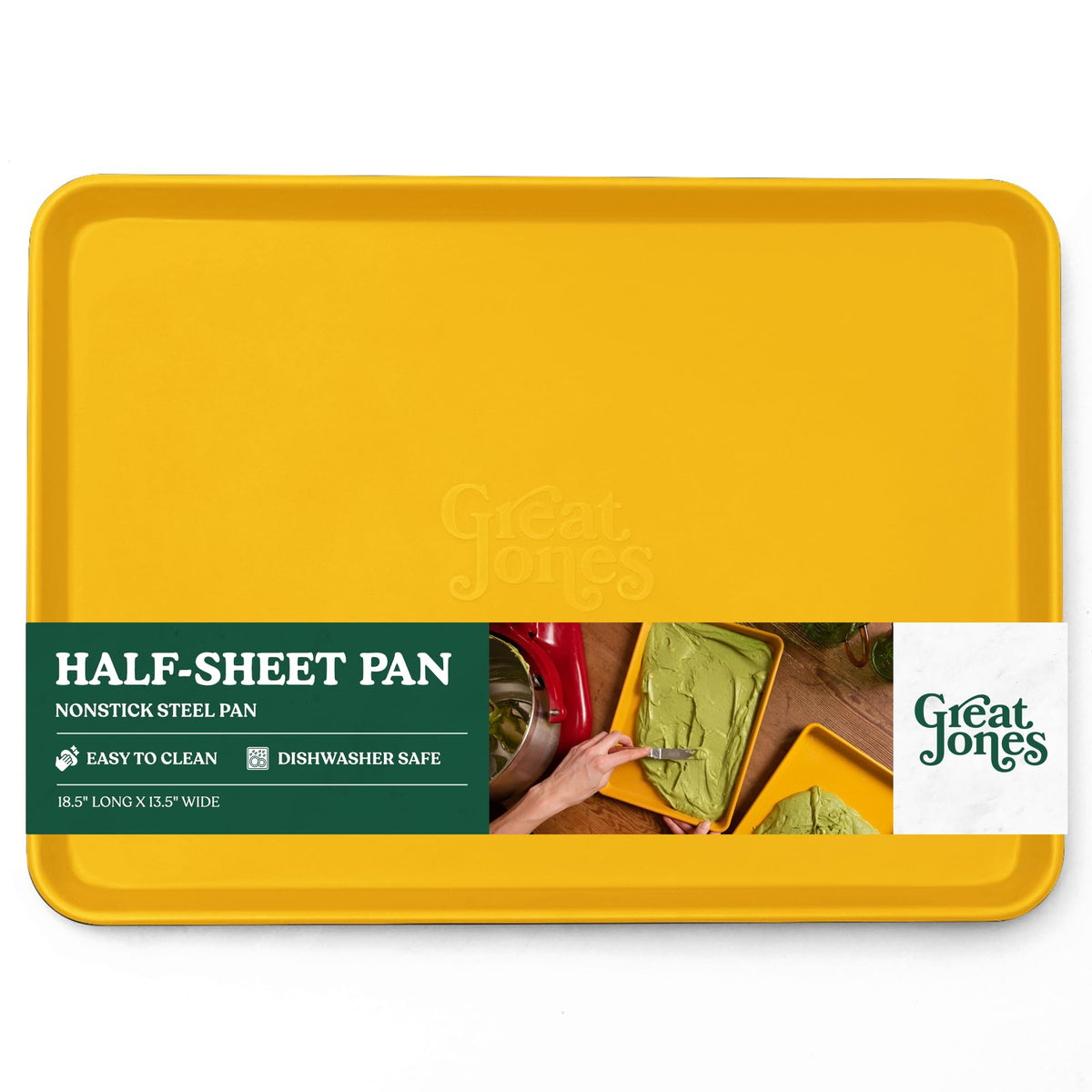 Great Jones Holy Sheet Pan Mustard front view showing even heat distribution for browning